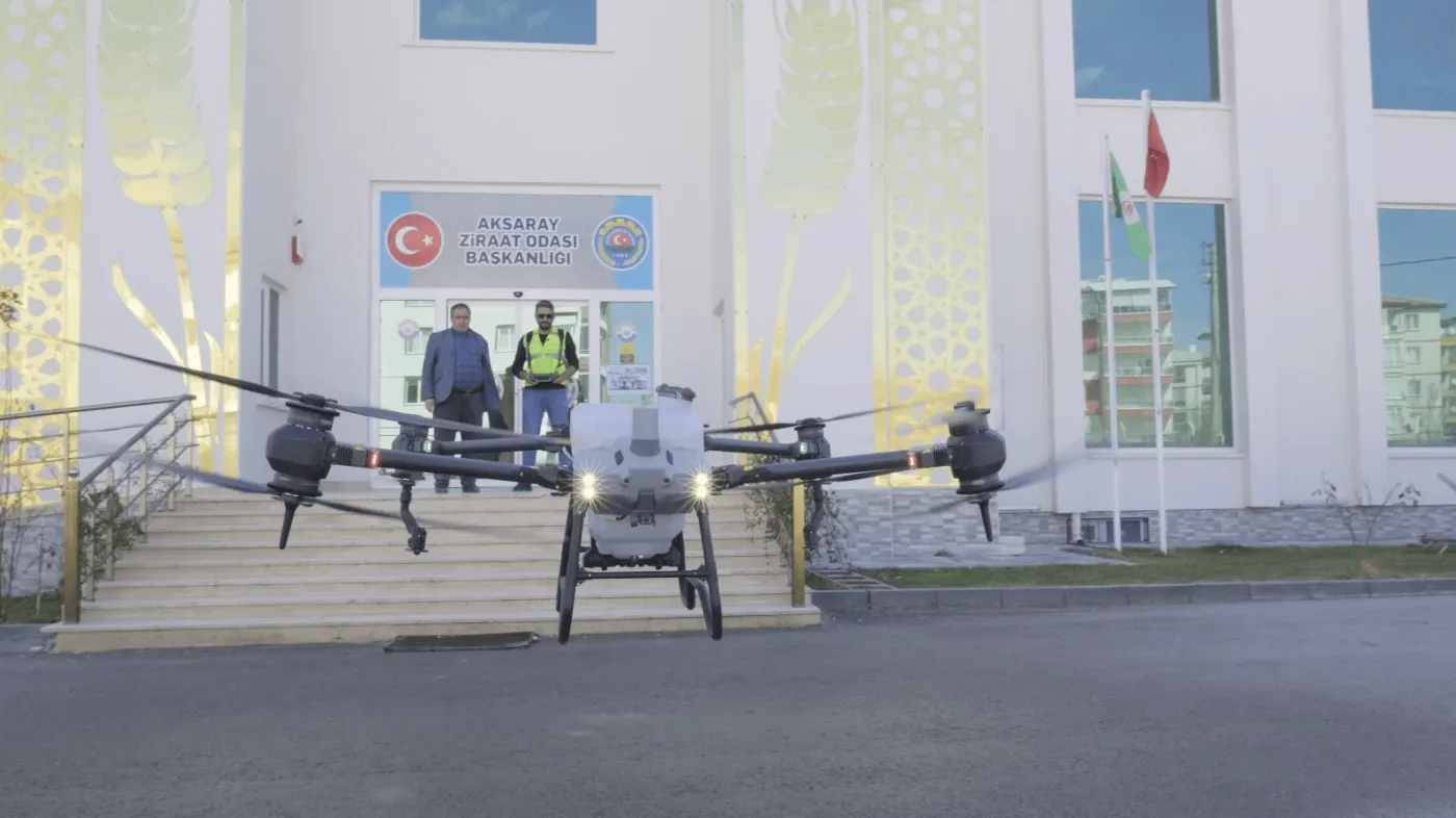 Agras drone in front of the Chamber of Agriculture building